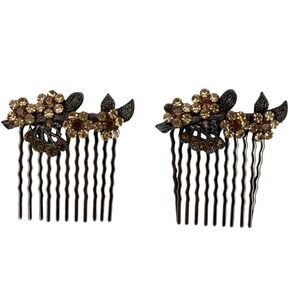 Vintage Floral Rhinestone Hair Comb Set Amber Crystal Gunmetal Vintage Style 2pc